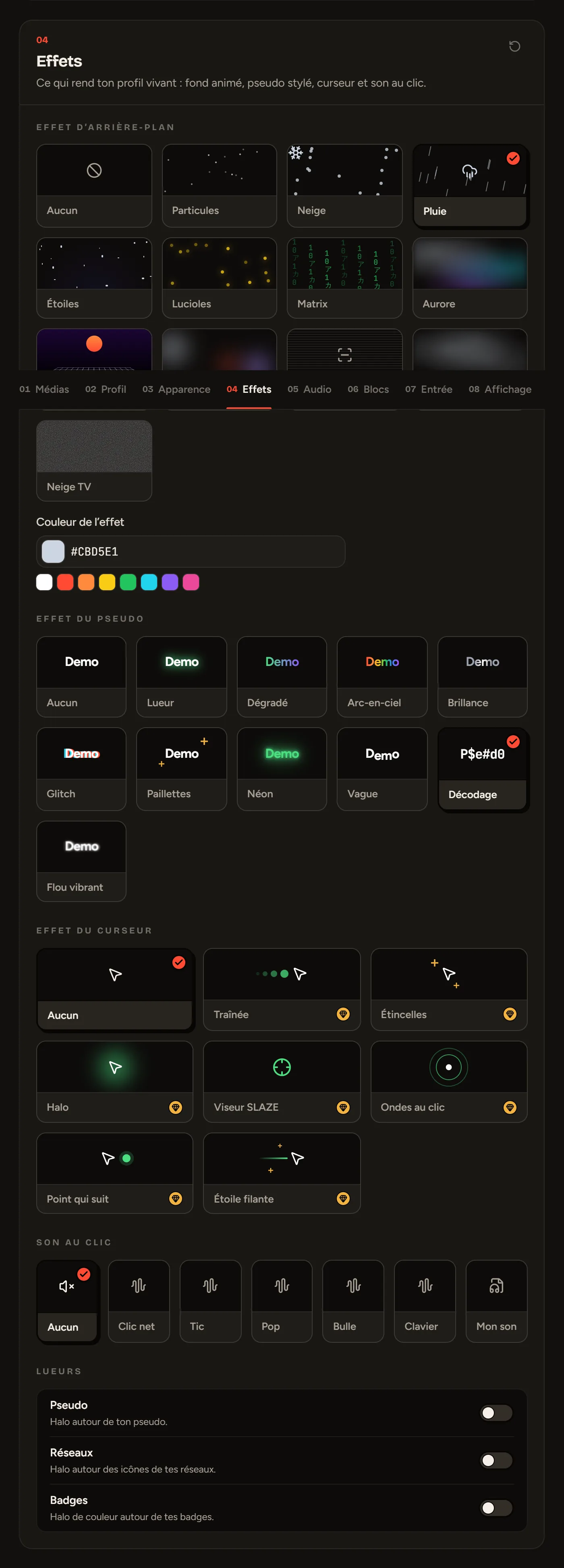 La section Effets