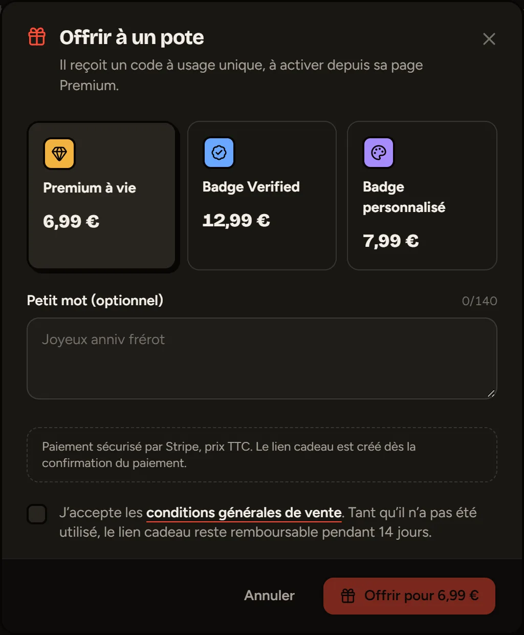 La fenêtre d’offre d’un cadeau