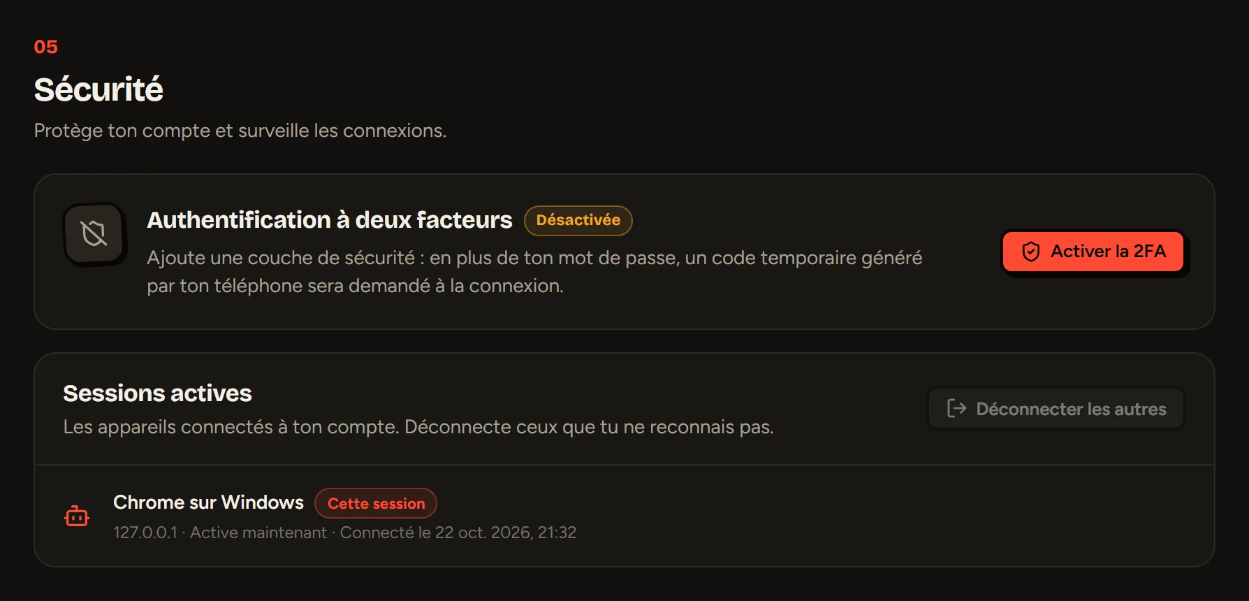 La section Sécurité